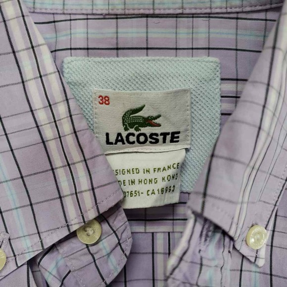 Lacoste Mens Oxford Shirt Purple White Tattersall Long Sleeve 100% Cotton 38 - Picture 4 of 7